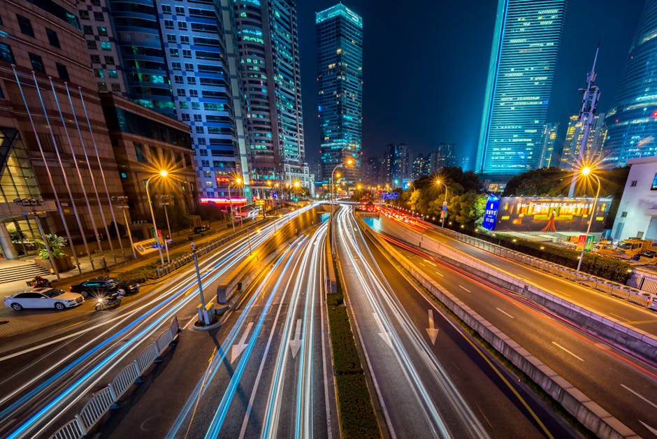 A futuristic cityscape with various AI-powered computer vision applications seamlessly integrated into daily life