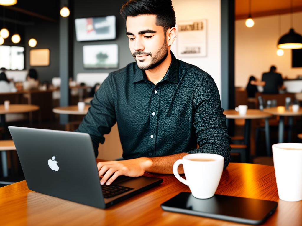 A developer coding with a laptop and a cup of coffee in a cafe environment.