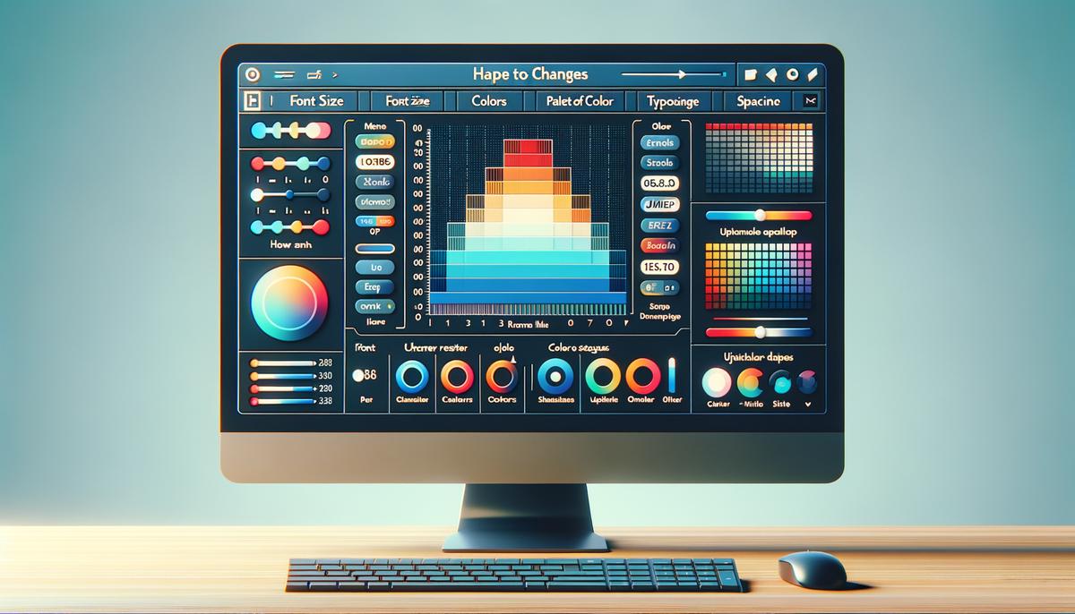 A realistic image showcasing various typography elements like font sizes, colors, and spacings being adjusted on a computer screen